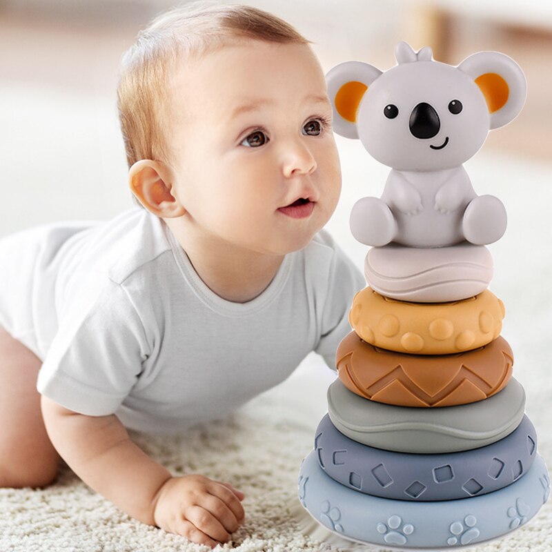 Soft Building Blocks Silicone Stacking Blocks Baby Toy Round Shape Silicone Construction Toy Rubber Teethers Montessori Toy